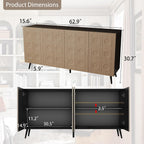 Sideboard Buffet Cabinet with Storage: 63" Black and Oak Mid Century Modern Credenza with 4 Doors, Large Fluted Sideboard Accent Cabinet for Living Room