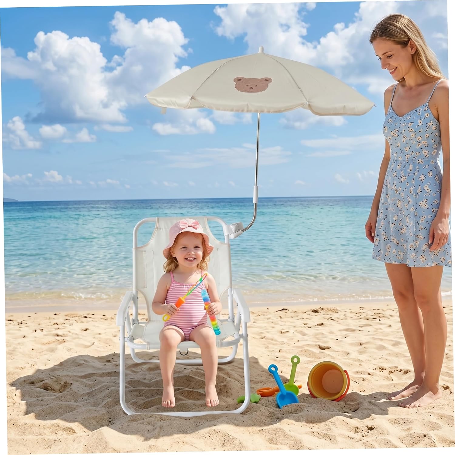 Kids Beach Chair with Umbrella, Foldable Toddler Lawn Chair with Sun Shade for Beach/Pool/Camping/Fishing, Bear Kids with Umbrella, Toddler with, Baby Cha