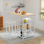 VECELO Small Bar Table and Chairs Set for 2, Upholstered Stools & Glass Storage Shelves, for Kitchen Dining Breakfast Nook, Space-Saving, Natural & White
