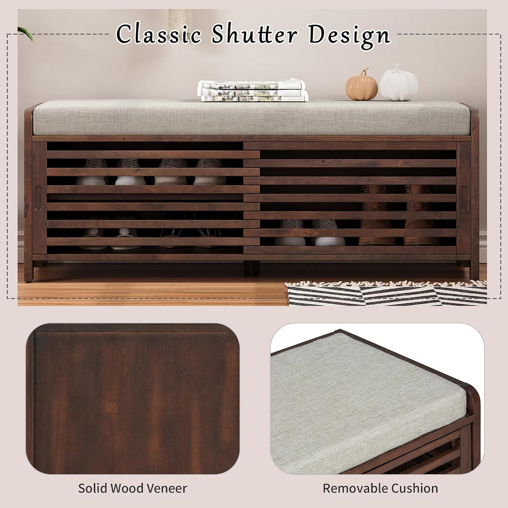 SOFTSEA Shoe Storage Bench with Cushion, 2-Tier Entryway Bench with Sliding Shutter Doors for Entryway, Bedroom, Living Room, Farmhouse Style, 43.3" W x 15.4" D x 16.5" H (Espresso)