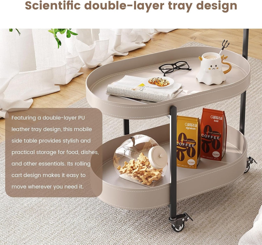 Guyii 2 Tiers Storage Rolling Cart 360 Rotating Side Table Modern End Table Living Room Table with Wheels Easy to Move for Living Room Bedroom Kichen Bathroom Pu Leather