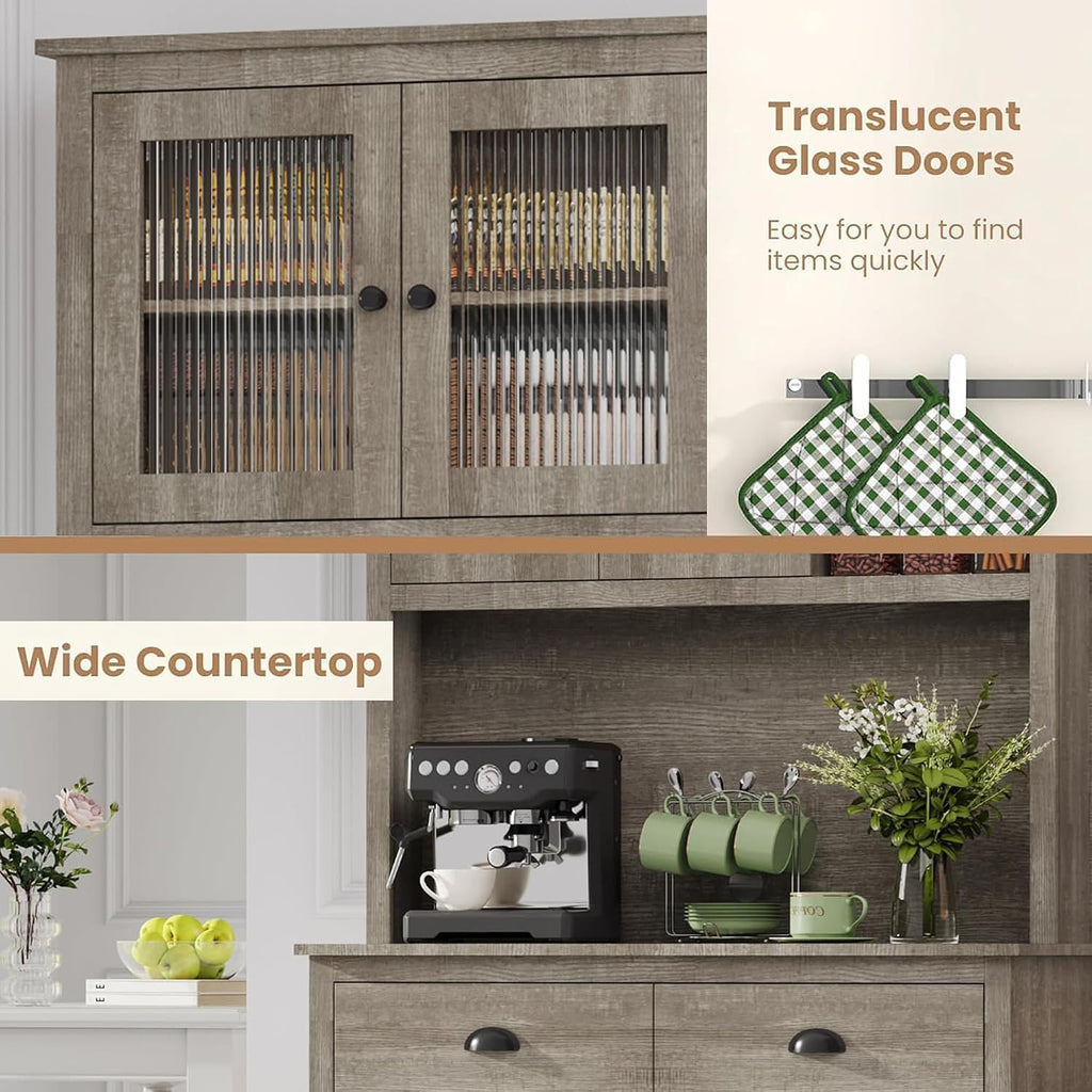 IDEALHOUSE Pantry with Drawers and Adjustable Shelves, 71”Tall Freestanding Kitchen Pantry Cabinet with Microwave Stand, Hutch Cabinet for Kitchen, Dining Room, Grey