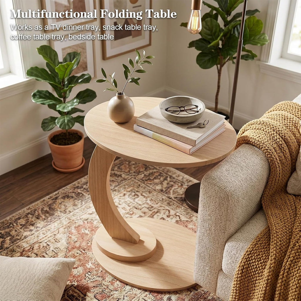 End Table,C Shaped Side Table,CouchTable that Slide Under, Wood Round Table for Couch,Small Sofa Table with Metal Frame for Bedroom,Living Room,Night Stand, Bedside Table for Small Space(Oak)