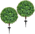 27.5" Artificial Boxwood Topiary Ball Trees for Outdoor with Round Spike, Set of 2 UV Resistant Fake Bushes Artificial Outdoor Shrubs for Front Porch Planters, Weatherproof Faux Greenery Plants Decor