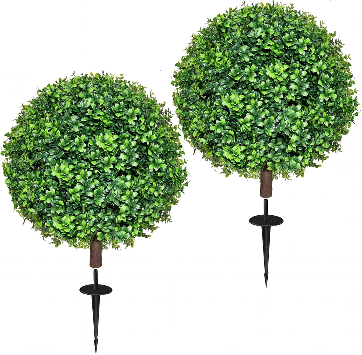 27.5" Artificial Boxwood Topiary Ball Trees for Outdoor with Round Spike, Set of 2 UV Resistant Fake Bushes Artificial Outdoor Shrubs for Front Porch Planters, Weatherproof Faux Greenery Plants Decor