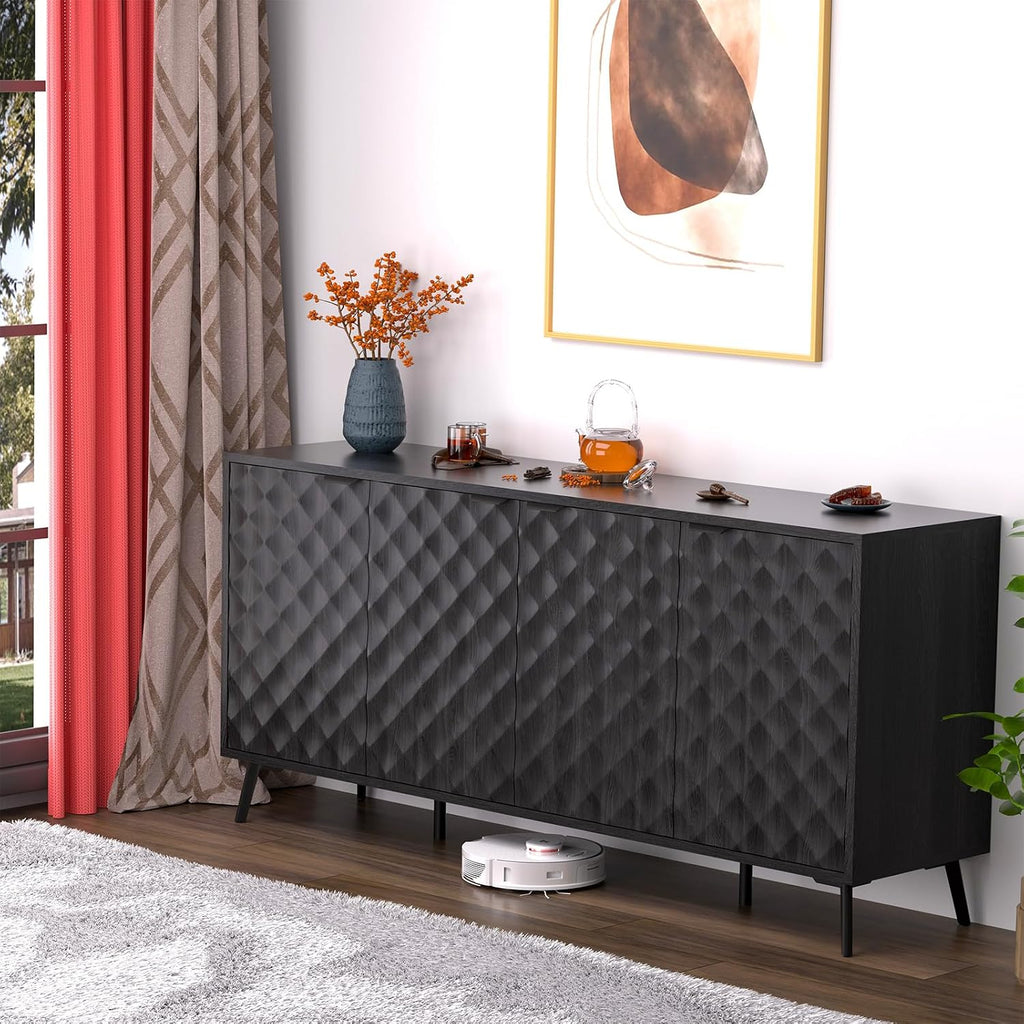 63" Fluted Sideboard Buffet Cabinet with Storage, Diamond Shaped Relief Storage Cabinet with 4 Doors and Adjustable Shelves for Living Room, Entryway, Hallway (Black)