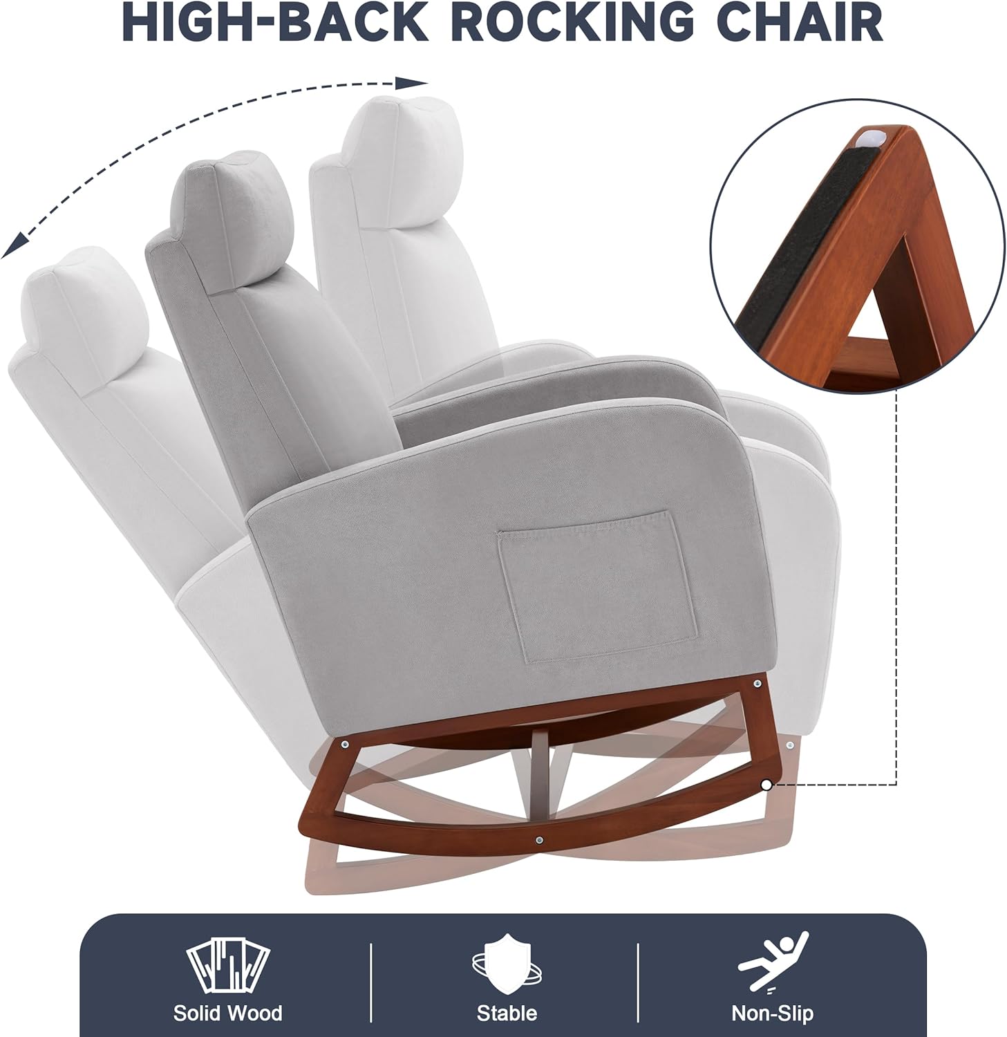 Rocking Chair Nursery High Back Rest Glider Rocker with Footrest Nursing Rocking Chairs Upholstered Accent Arm Chair for Living Room Bedroom Indoor, Light Gray