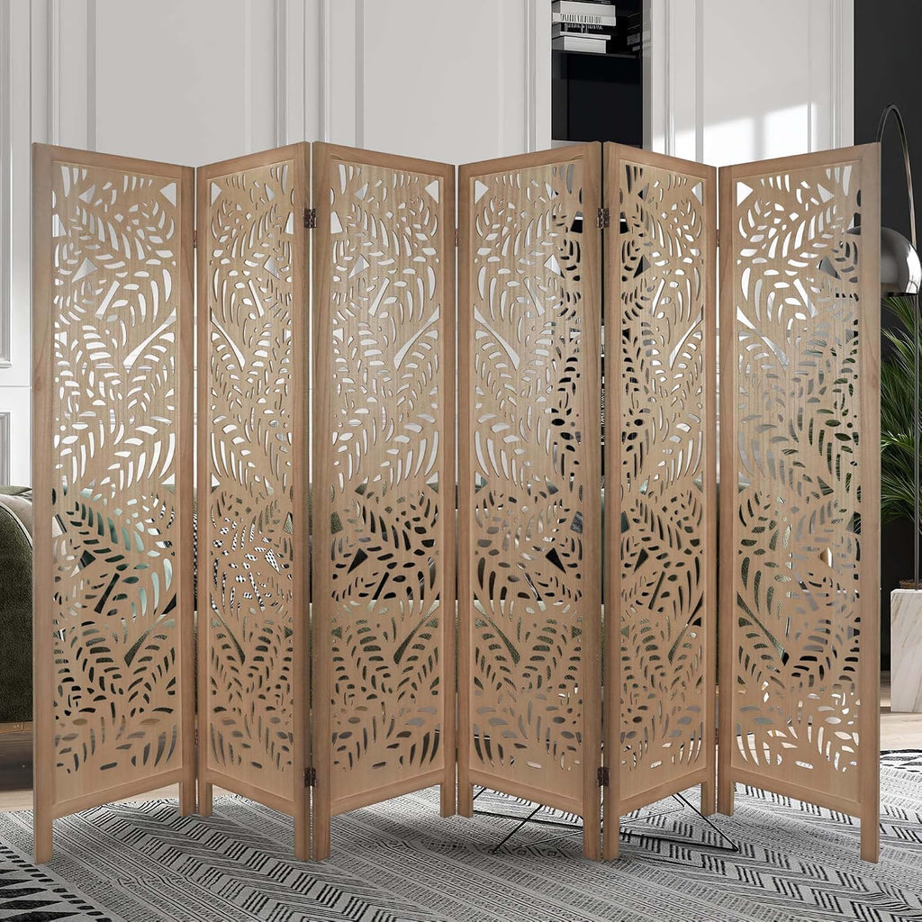 6 Panel Leaf-Carved Room Divider, 67 Inch Bohemian Folding Privacy Screen, Natural Wood Room Divider for Room Separation, Decorative Room Partition for Home, Office, Bedroom