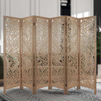 6 Panel Leaf-Carved Room Divider, 67 Inch Bohemian Folding Privacy Screen, Natural Wood Room Divider for Room Separation, Decorative Room Partition for Home, Office, Bedroom