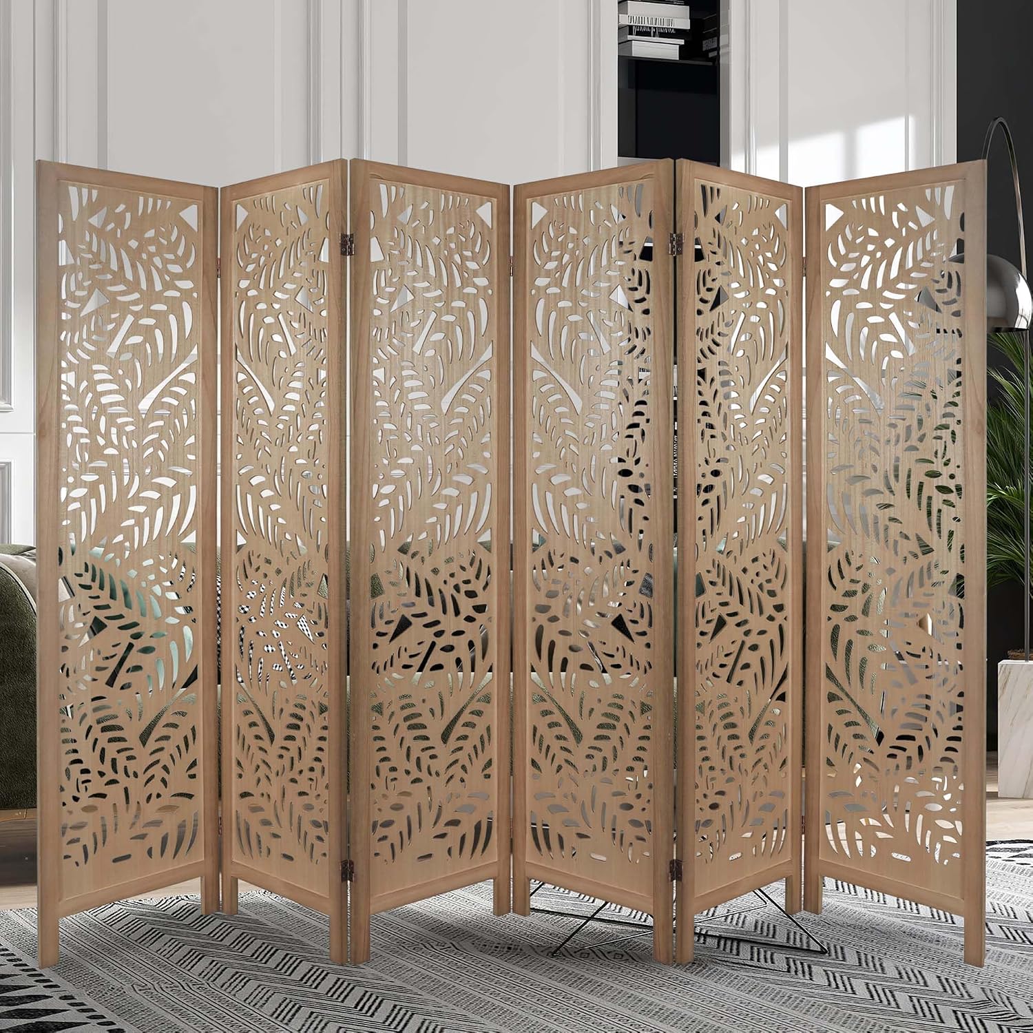 6 Panel Leaf-Carved Room Divider, 67 Inch Bohemian Folding Privacy Screen, Natural Wood Room Divider for Room Separation, Decorative Room Partition for Home, Office, Bedroom