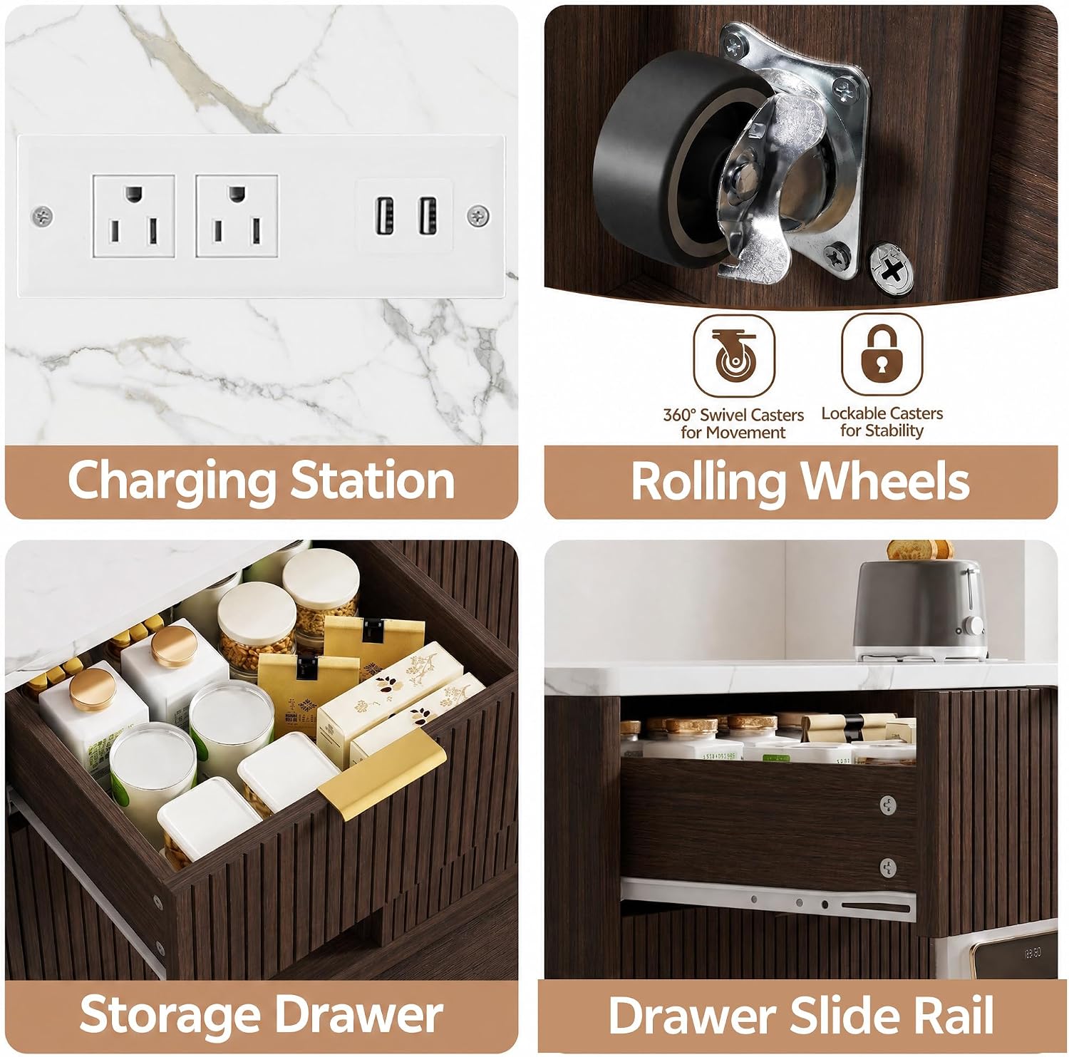Marble Top Kitchen Island, 47.2" W Kitchen Island on Wheels Islands Table with Power Outlet Rolling Coffee Bar Cart with Buffet Cabinet & Drawer for Dining Room Breakfast Bar Table - Walnut