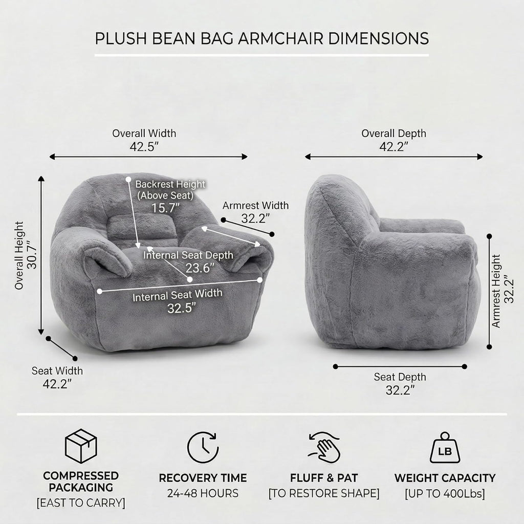 Bean Bag Chair for Adults and Childs with Armrests, High Back Supportive Plush Lounge, Oversized Faux Fur Floor Sofa for Living Room, Bedroom and Dorm (Dark Gray)