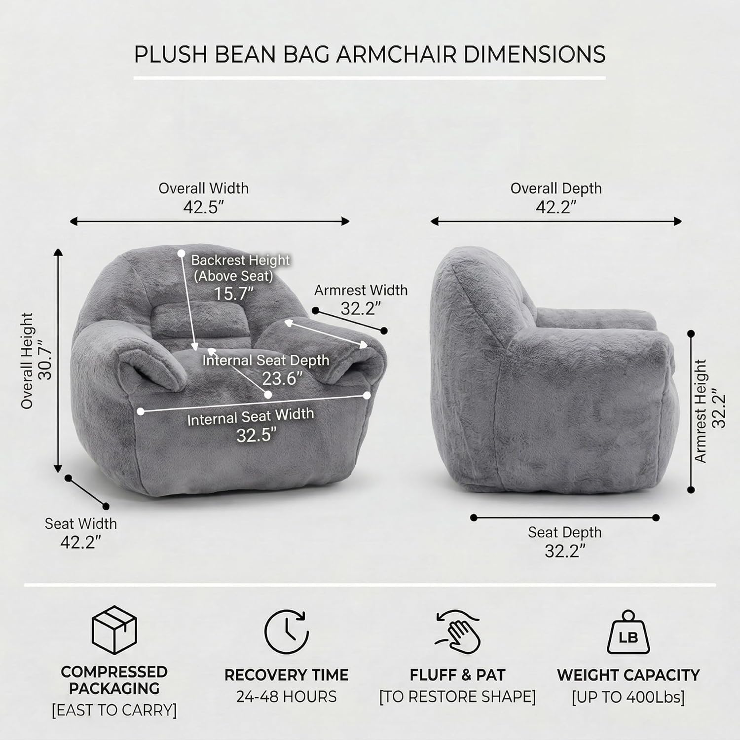 Bean Bag Chair for Adults and Childs with Armrests, High Back Supportive Plush Lounge, Oversized Faux Fur Floor Sofa for Living Room, Bedroom and Dorm (Dark Gray)