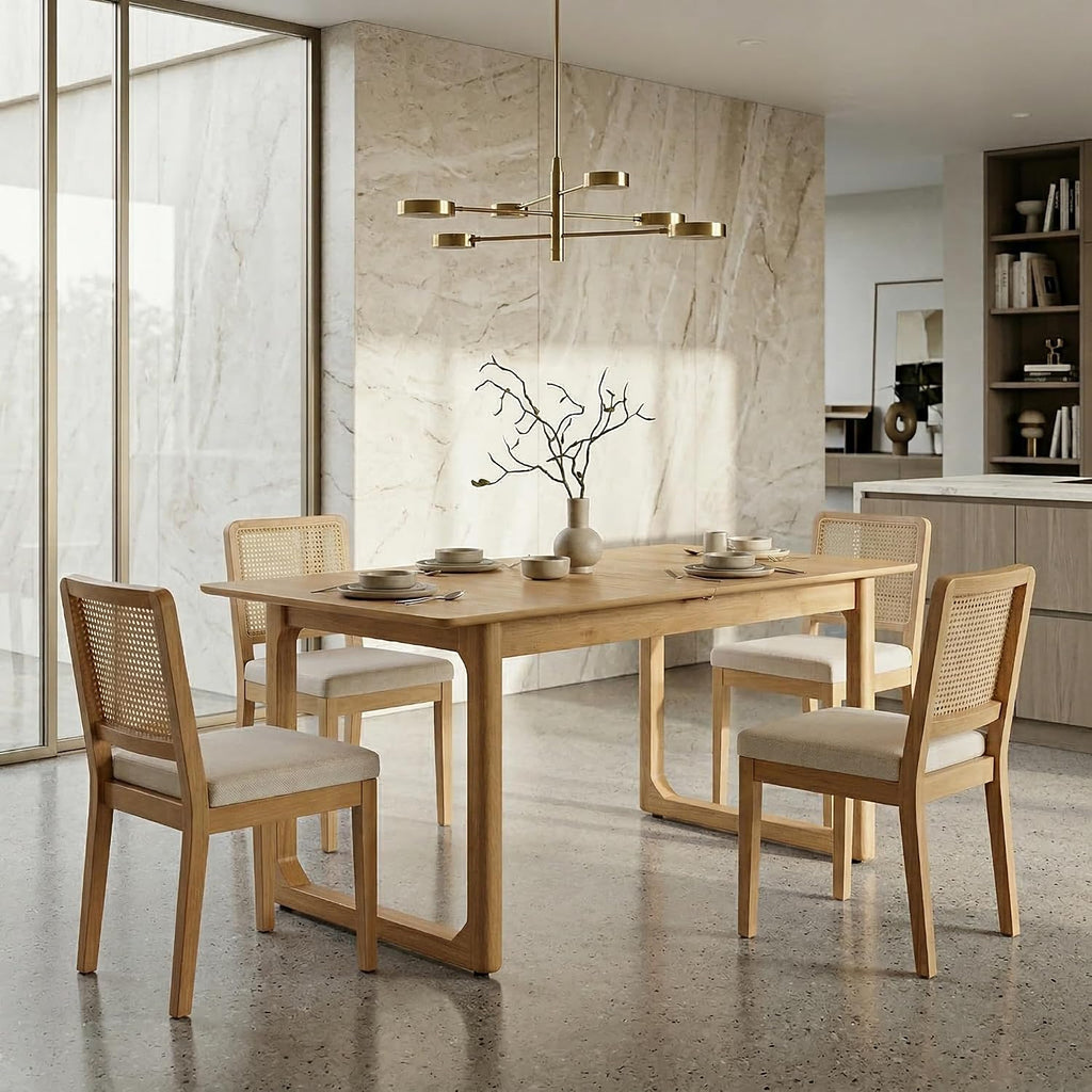 HNY Modern Farmhouse Rattan Dining Chairs Set of 4 Beige Chenille Upholstered Dining Room Chair with Cane Back Mid Century Natural Wood Kitchen Chairs, Boho Accent Wicker Woven Chairs for Living Room