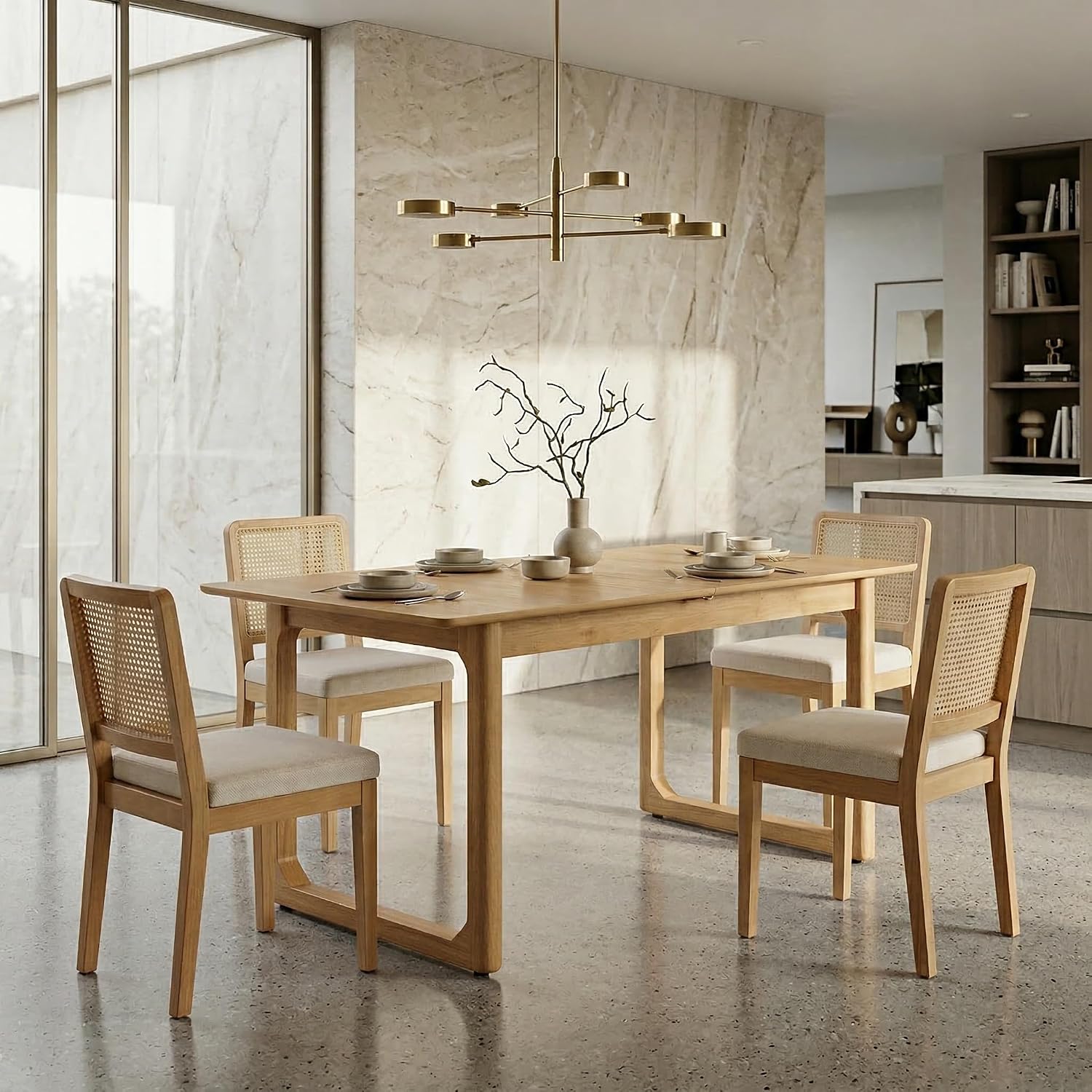 HNY Modern Farmhouse Rattan Dining Chairs Set of 4 Beige Chenille Upholstered Dining Room Chair with Cane Back Mid Century Natural Wood Kitchen Chairs, Boho Accent Wicker Woven Chairs for Living Room