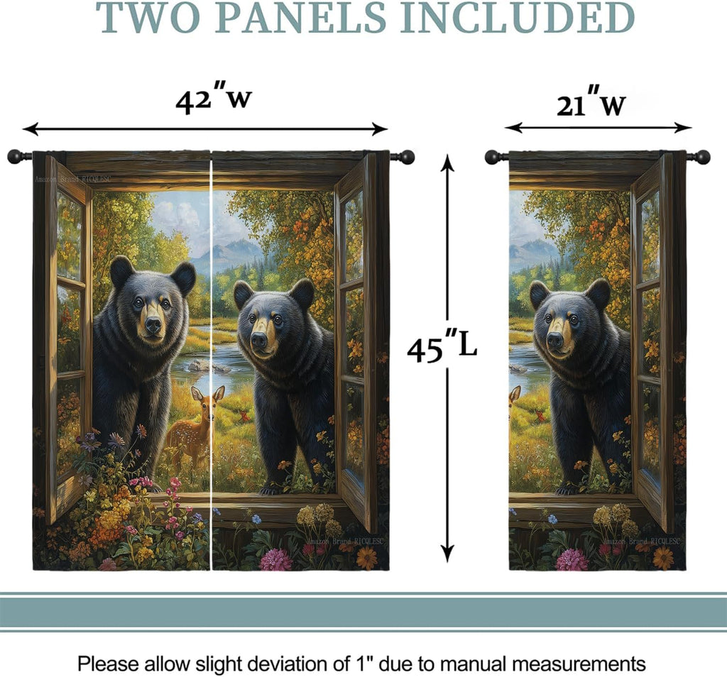 Black Bear Boy Girls Blackout Curtains, Country Farmhouse Hunting Cabin Animal Rustic Farm Nature Landscape, 2 Panel Rod Pocket Thermal Insulated Drapes for Bedroom Living Kids Room Deco 42x45 inch