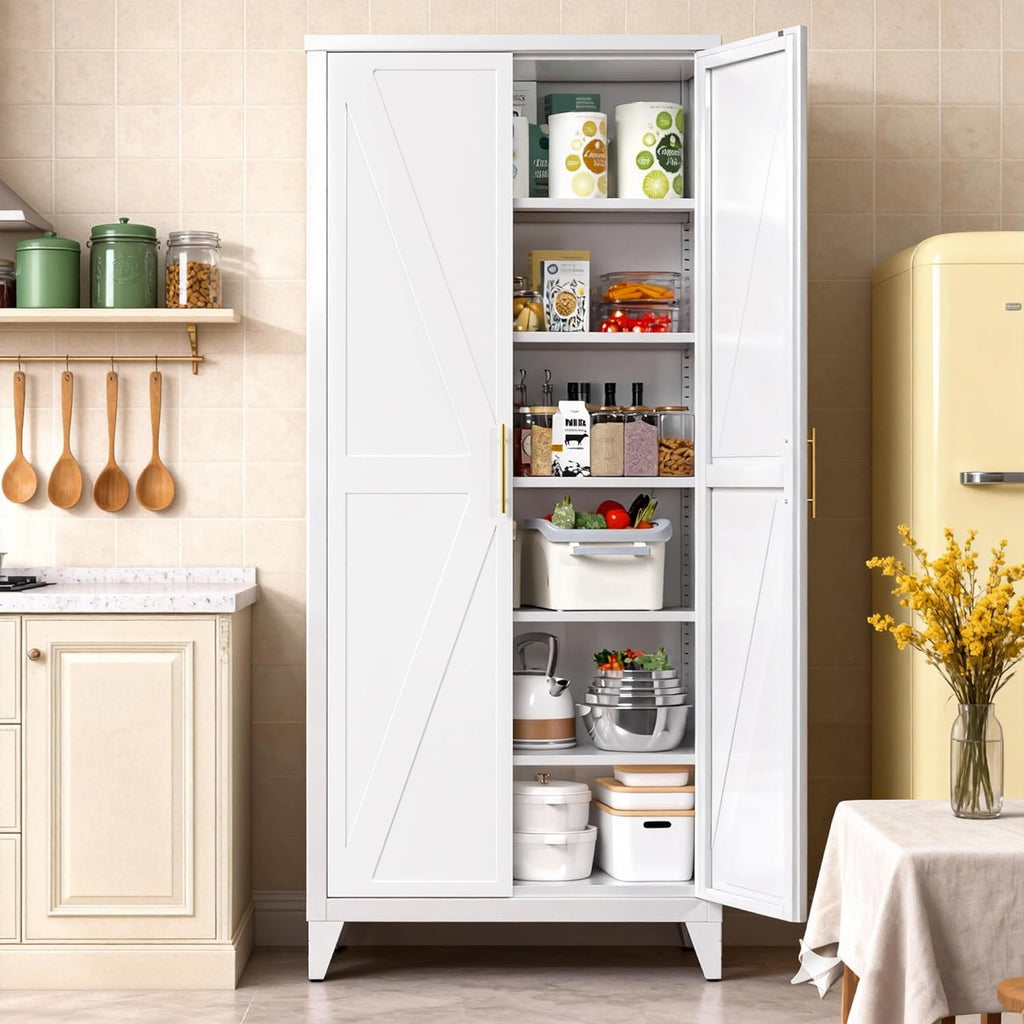 75.3" Tall Kitchen Pantry Storage Cabinet with 5 Adjustable Shelves, Metal Panty Cabinet with Doors, X-Shaped Embossed Panels, Heavy Duty Steel Storage Organizer for Home, Required Assembly