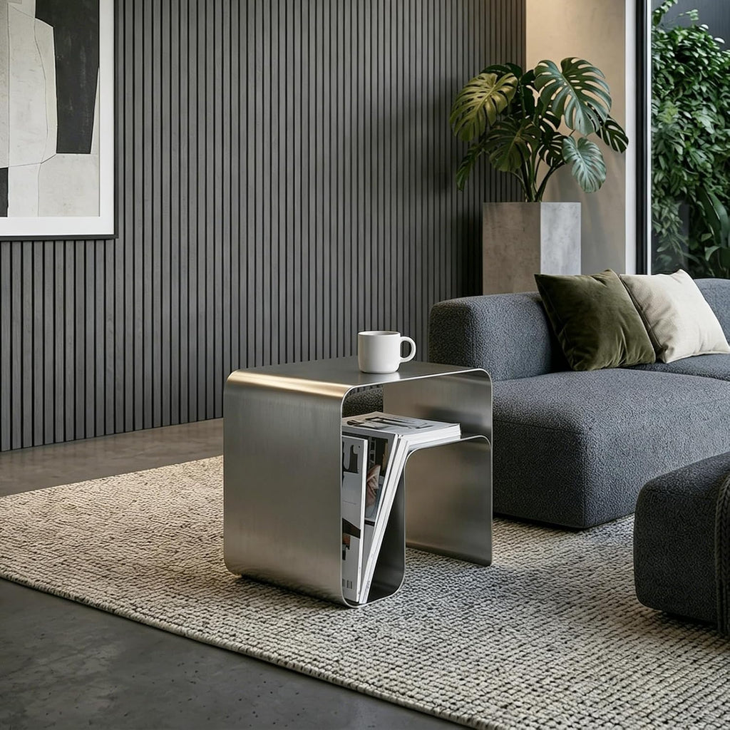 Minimalist Stainless Steel End Table, Modern Steel Frame Side Table and Sofa Table, Small Nightstand for Living Room Bedroom Office (17.7"x13.8"x17.7")