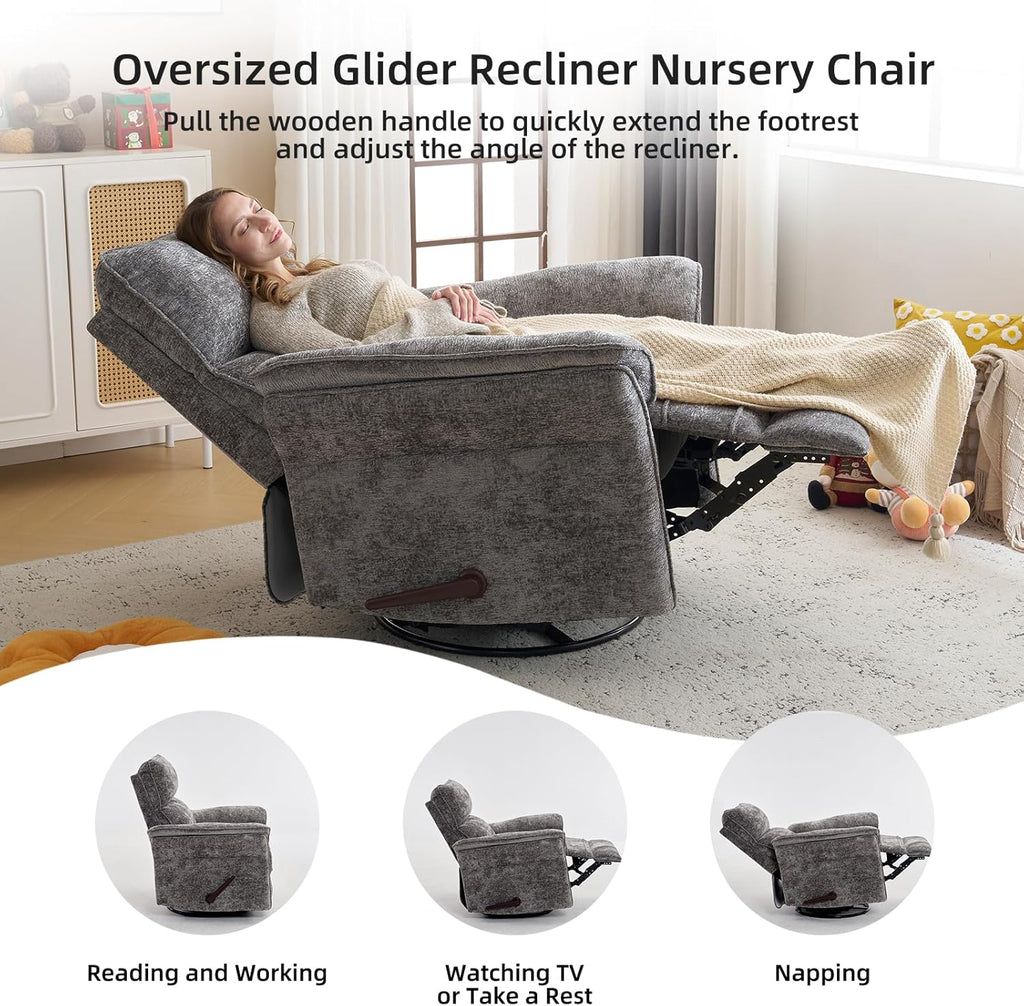 Oversized Glider Rocker Recliner, 26" Extra Wide 360° Swivel Nursery Recliner with Adjustable Headrest, Chenille Rocking Nursery Chair with Overstuffed Armrest, Lumbar Support, Dark Grey