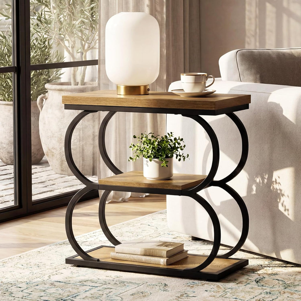 LITTLE TREE Narrow Side Table, 3-Tier Skinny Wooden End Table for Living Room, Slim Metal Nightstand for Small Space, Couch, Bedside, Home Office, Rustic Brown