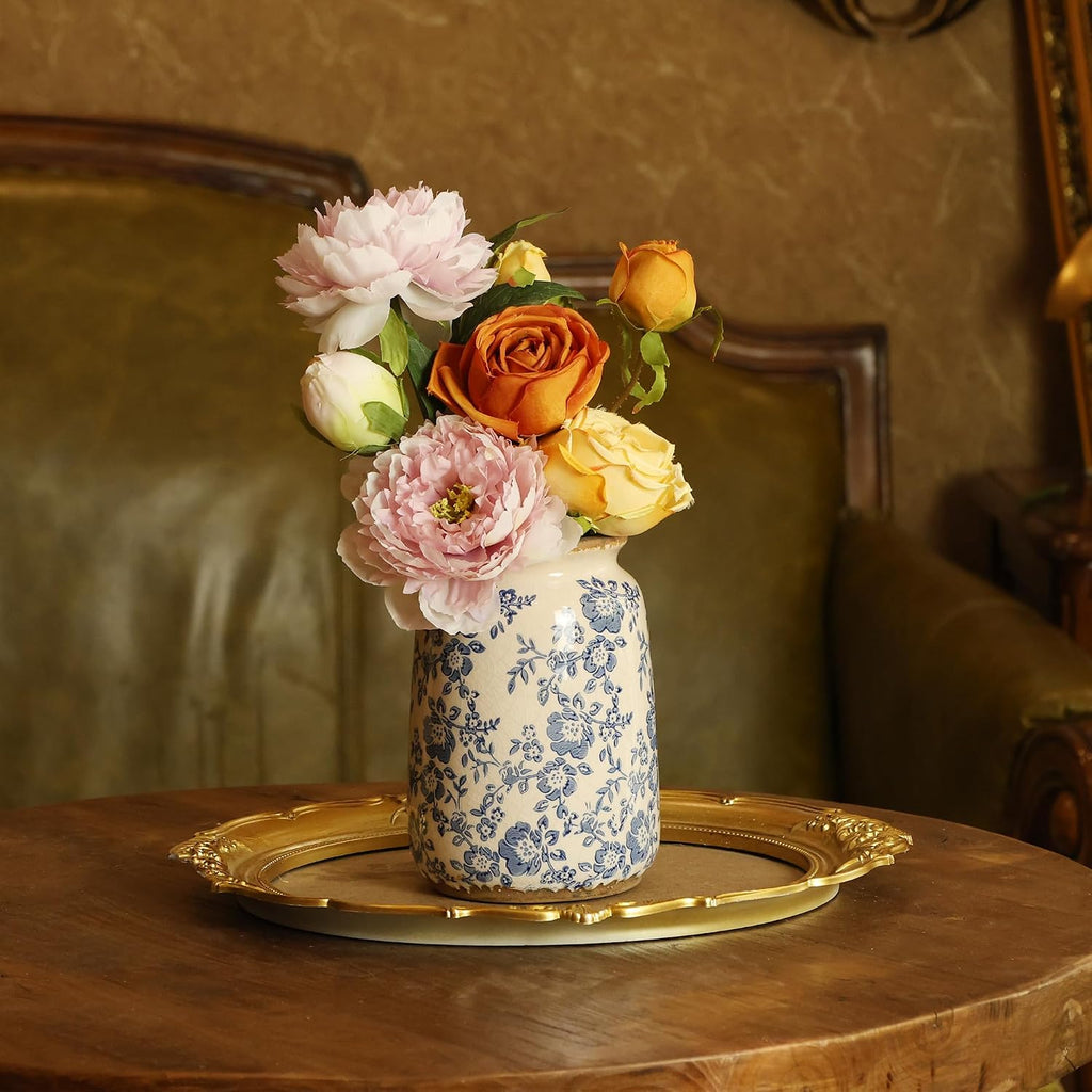 Ronasip Vintage Blue and White Chinoiserie Ceramic Vase, 6.9” Hand-Painted Peony Floral Design, Antique Style Vases for Home Decor, Centerpieces, Living Room, Balcony (Blue and White)