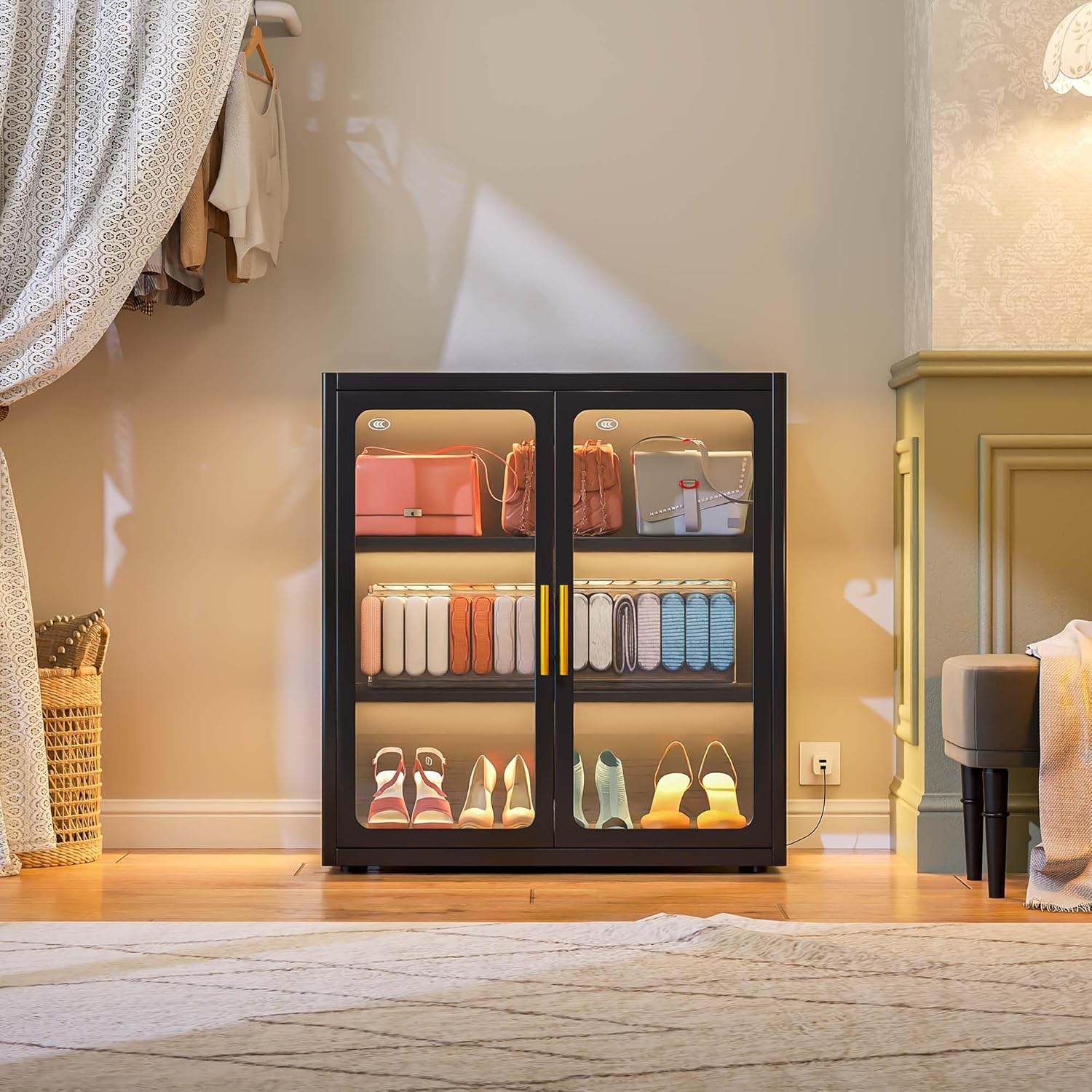 pozdeg Display Cabinet with Glass Door, 34" Curio Cabinet with RGB Lights and 2 Adjustable Shelves, Glass Display Case for Collectibles, Toys, Books, Figures, Exhibit (Black)