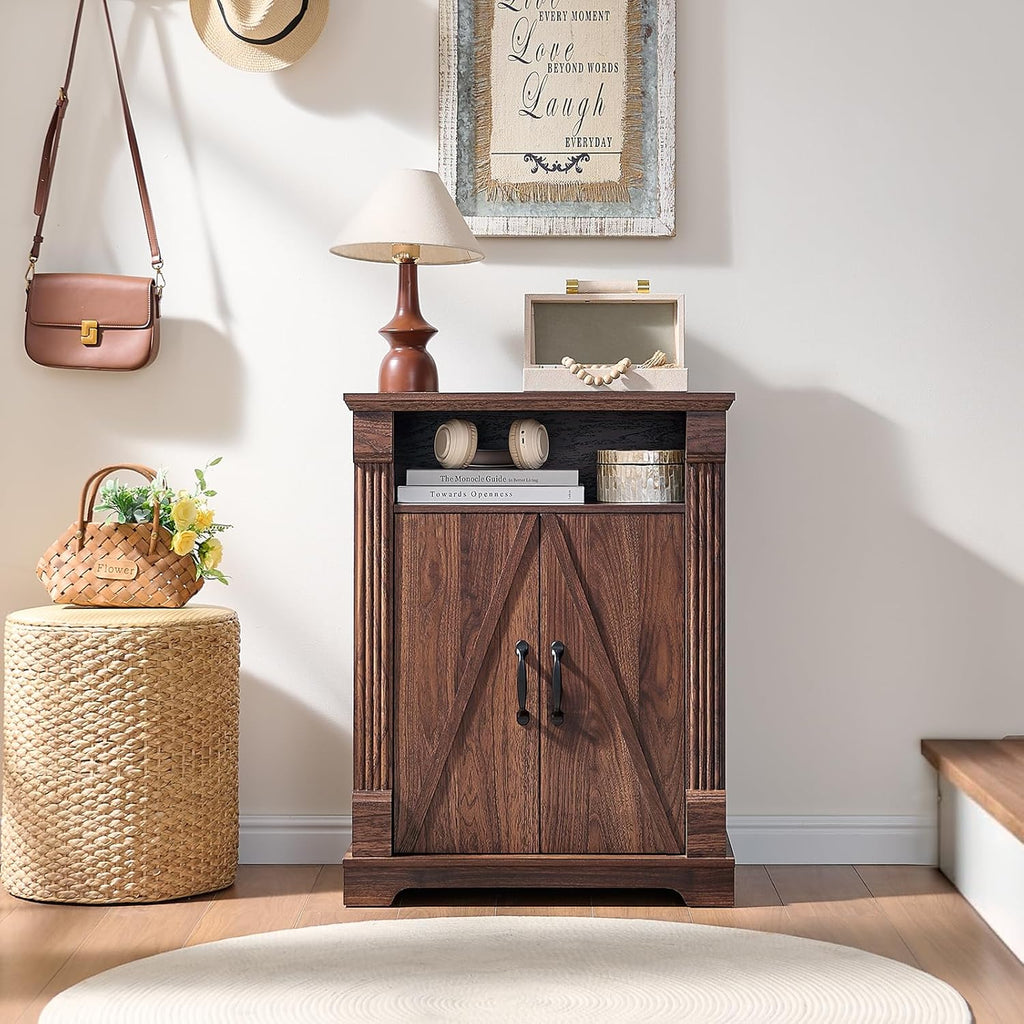 BuildHom 24" Farmhouse Storage Cabinet – Walnut Freestanding Buffet Sideboard with Barn Doors, Adjustable Shelf, Small Coffee Bar for Kitchen, Bathroom & Living Room