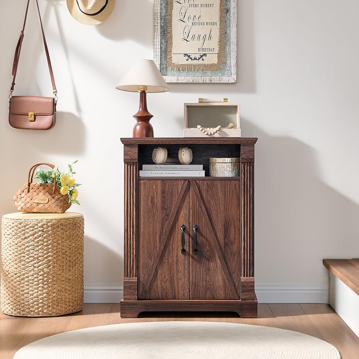 BuildHom 24" Farmhouse Storage Cabinet – Walnut Freestanding Buffet Sideboard with Barn Doors, Adjustable Shelf, Small Coffee Bar for Kitchen, Bathroom & Living Room