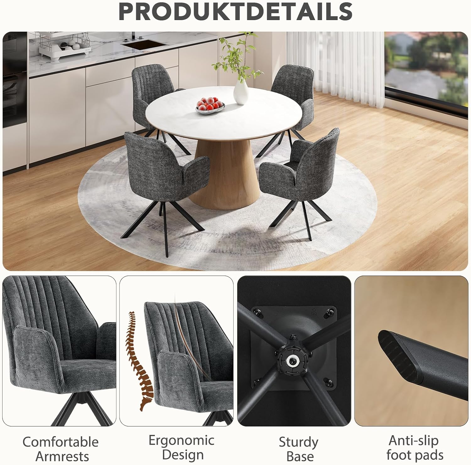 Furniliving Swivel Dining Chairs Set of 2, Upholstered Dining Room Chairs with Arms, 360° Swivel Dining Chairs with Metal Frame, Modern Kitchen Chairs for Lounge, Chenille, Darkgrey