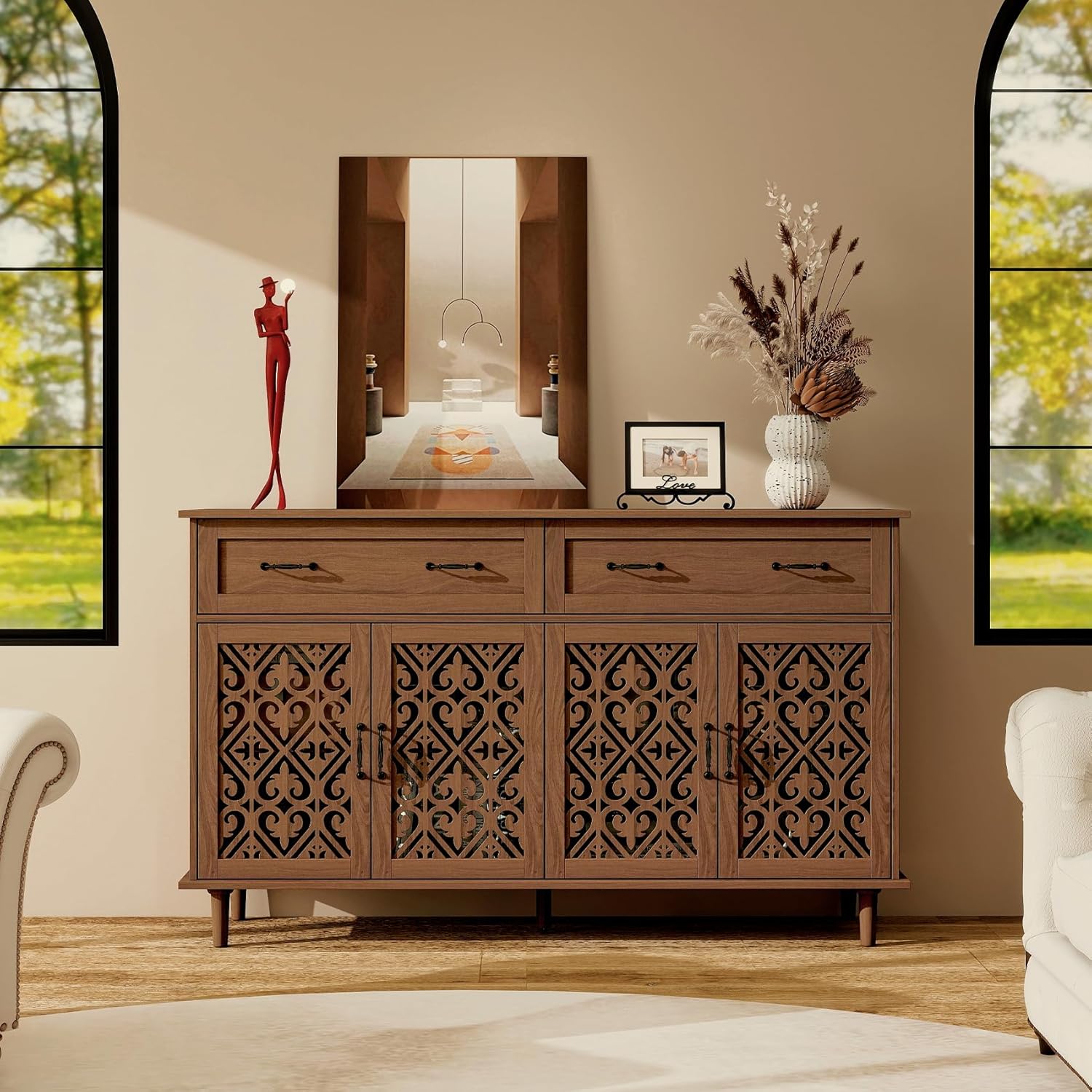 59" Accent Sideboard Buffet Cabinet with Storage,Credenza with Vintage Carved Doors and Adjustable Shelves,Entryway Cabinet,Storage Cabinet for Living Room,Dining Room,Entryway,Walnut