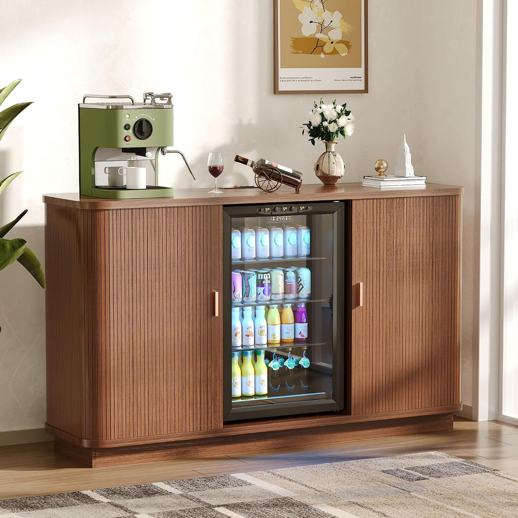 Coffee Bar Cabinet with Fridge Space, Liquor Wine Bar Cabinets with Wine Rack and Glass Holder, Mini Fridge Cabinet with Storage, Fluted Buffet Sideboard for Living Room, Home, Kitchen