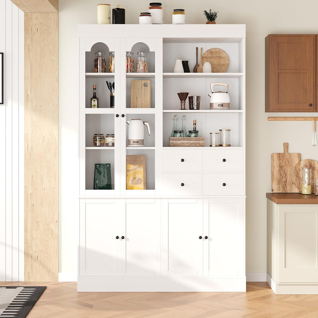 75 Inch Tall Freestanding Buffet with Hutch, Farmhouse Kitchen Pantry Cabinet, Dining Room Storage Cupboard with 4 Drawers, Door Shelves and Pull-Out Trays for Living Room,White