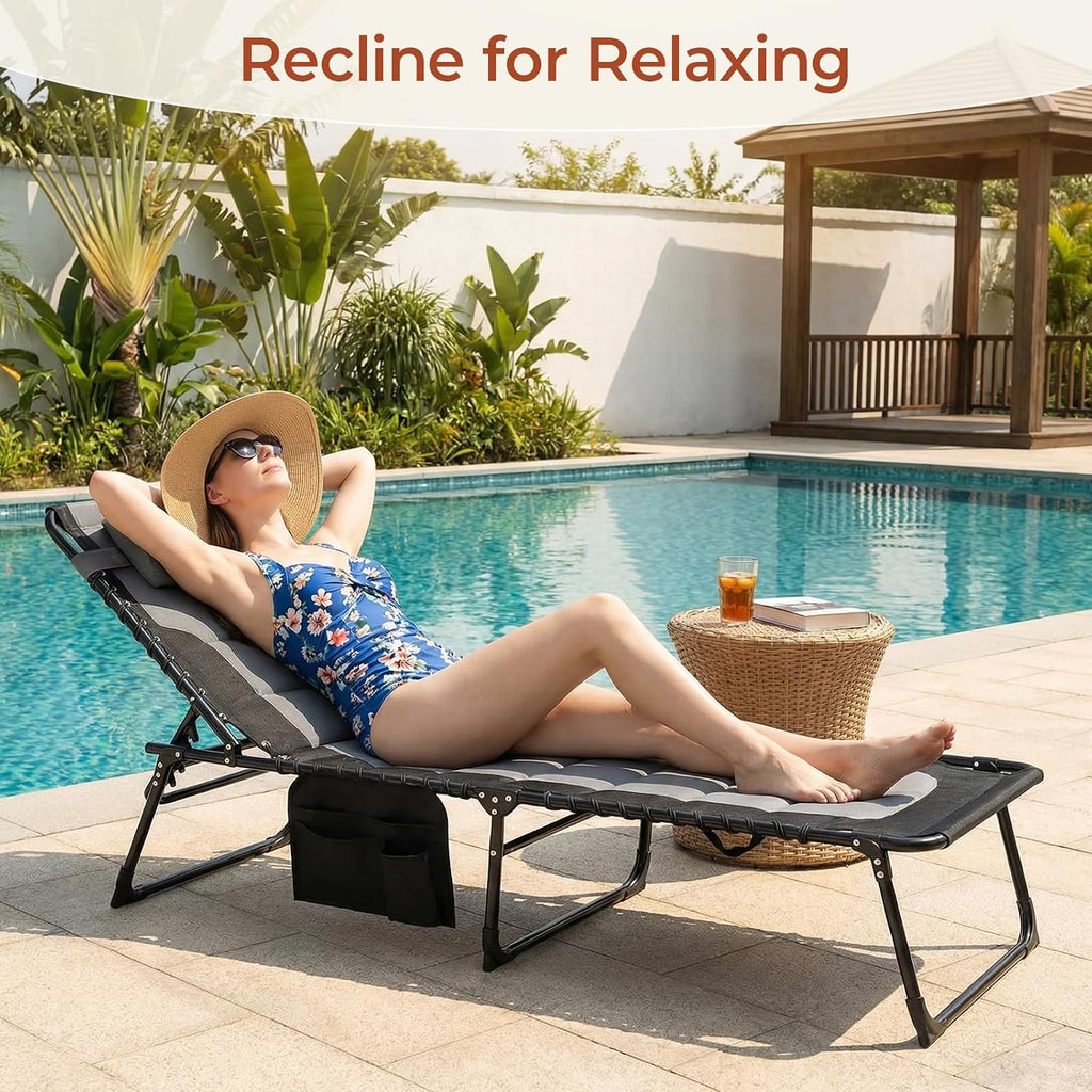 TLSUNNY Padded Folding Lounge Chair, Portable Reclining Chair with Pillow & Side Pocket, Outdoor 5-Position Adjustable Chaise Lounger with Carrying Handle, for Beach, Pool, Sunbathing (Black & Gray)