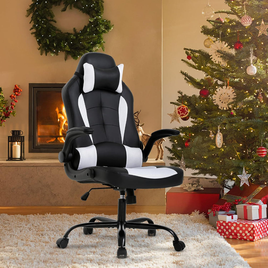 Ergonomic Gaming Chair, Gaming Chair with Headrest, Office Computer Chair Racing Chair with Wheels & Lumbar Support, High Back Gamer Chair PC Gaming Chairs for Adults Teens, Xmas Gift (White)