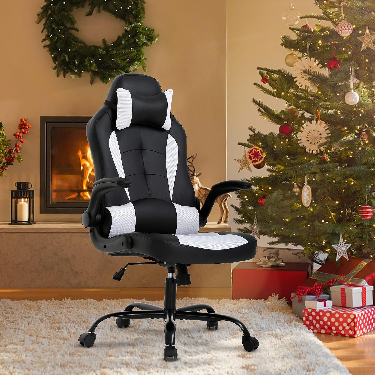 Ergonomic Gaming Chair, Gaming Chair with Headrest, Office Computer Chair Racing Chair with Wheels & Lumbar Support, High Back Gamer Chair PC Gaming Chairs for Adults Teens, Xmas Gift (White)