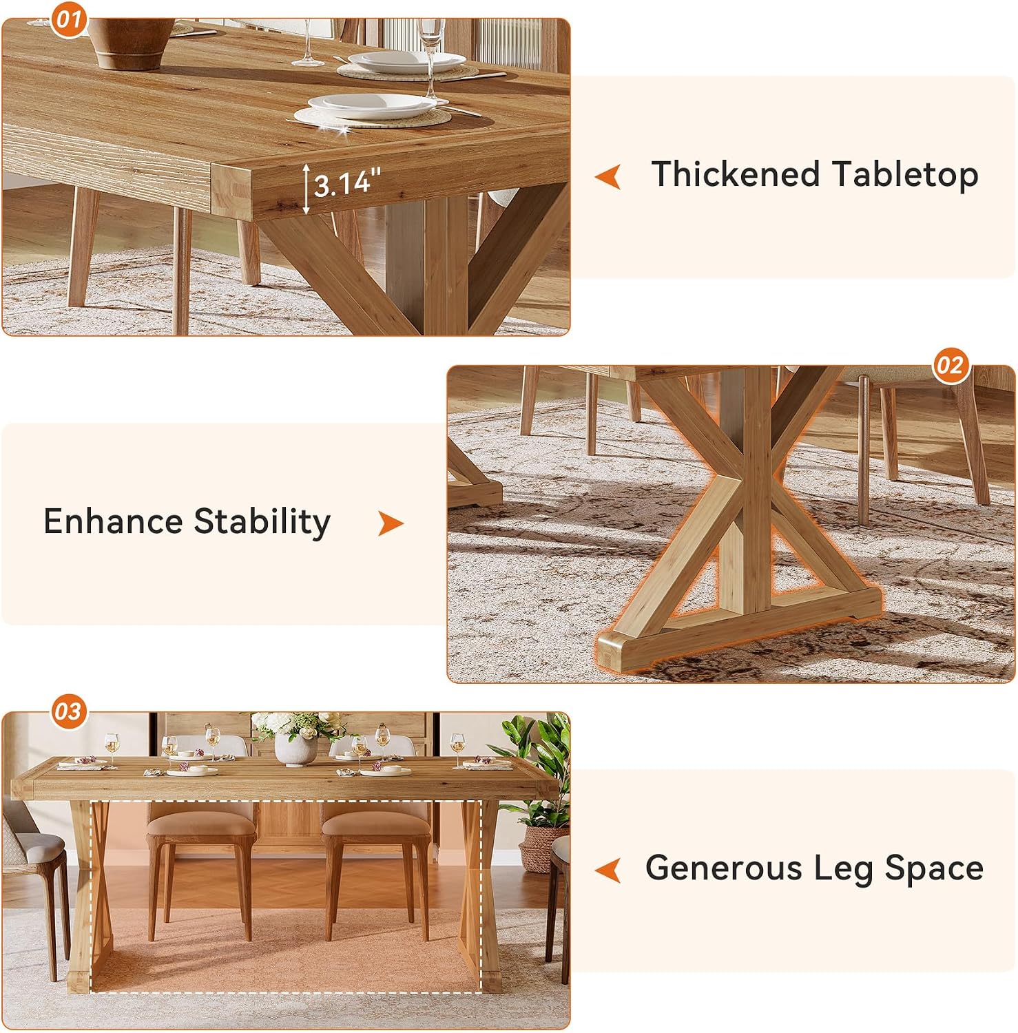 Solid Wood Dining Table for 4-6, 63-Inch Farmhouse Kitchen Table with Sturdy Legs, Wooden Rectangular Dinner Furniture for Kitchen, Dining Room, Light Brown
