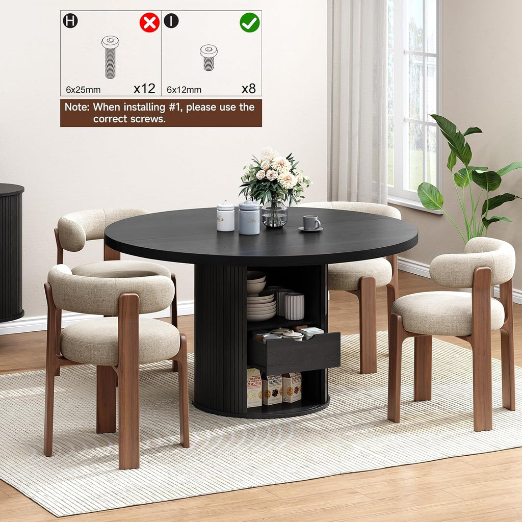 47 inch Round Dining Table for 4, Circle Kitchen Table with 2-Layer Storage Shelf and a Drawer, Modern Farmhouse Dinner Tables with Sliding Door and Wood Strip Base for Kitchen, Living Room (Black)