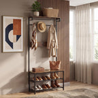COSTWAY Hall Tree with Bench and Shoe Storage, 4-in-1 Entryway Organizer with 6 Removable Hooks, Top Shelf & Hanging Rod, Industrial Coat Rack for Mudroom Entrance Bedroom Living Room, Rustic Brown