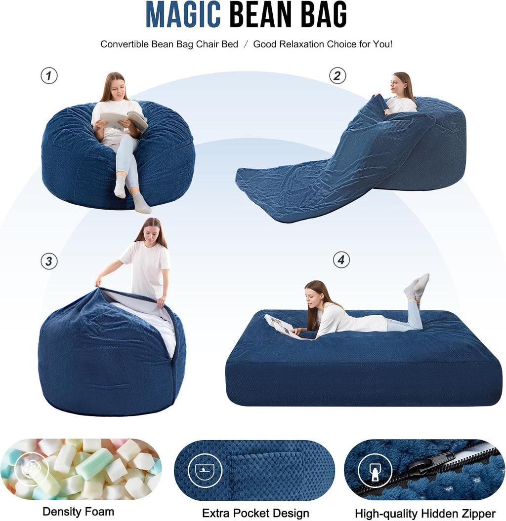 Homguava Chenille Bean Bag Bed, Convertible Bean Bag Chairs from Lazy Sofa Chair to Floor Mattress Bed, 3 in 1 Giant Bean Bag Chair for Adults with Filler for Living Room Machine Washable(Queen,Blue)