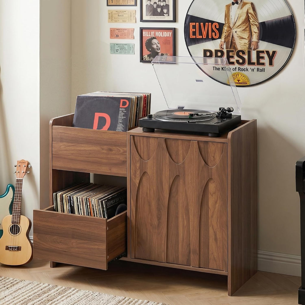 Bifins Record Player Stand with Drawer and Door, Mid Century Modern Turntable Cabinet with Vinyl Storage, Wood Record Player Table for Living Room & Music Room (Walnut)