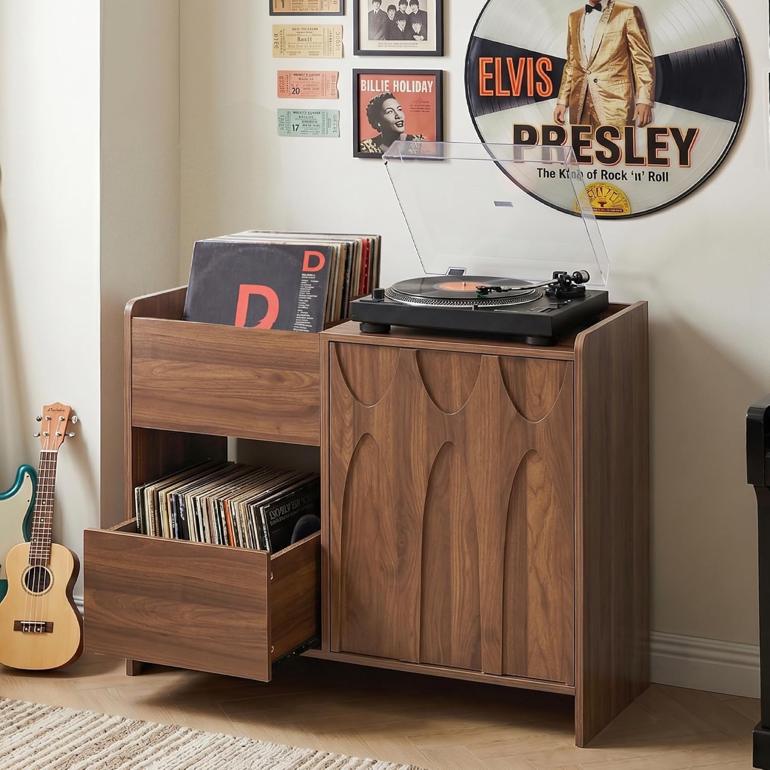 Bifins Record Player Stand with Drawer and Door, Mid Century Modern Turntable Cabinet with Vinyl Storage, Wood Record Player Table for Living Room & Music Room (Walnut)