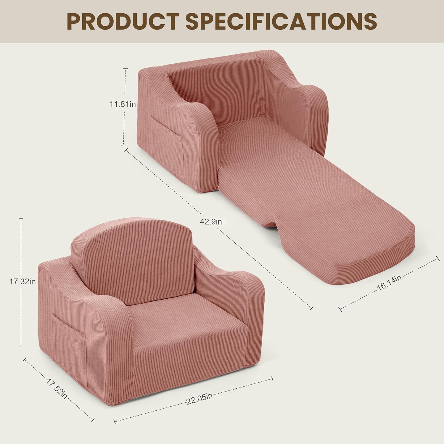 Airpanda Comfy Kids Chair and Couch, 2-in-1 Convertible Kids Sofa, Soft Fold-Out Design, Removable Washable Cover,Pink