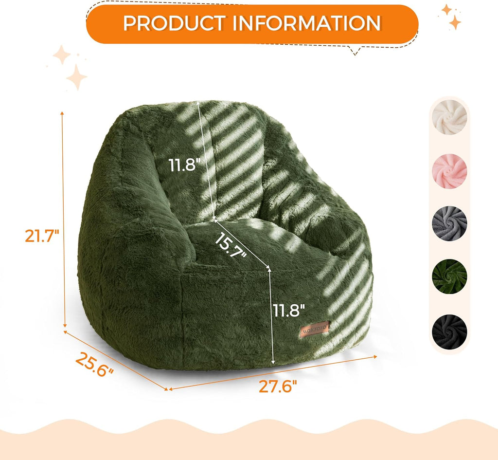 MAXYOYO Kids Bean Bag Chair, Comfy Bean Bag Sofa with Back Support, Faux Fur Cute Chair for Boys and Girls, Stuffed Floor Sofa for Nursery, Bedroom, Green