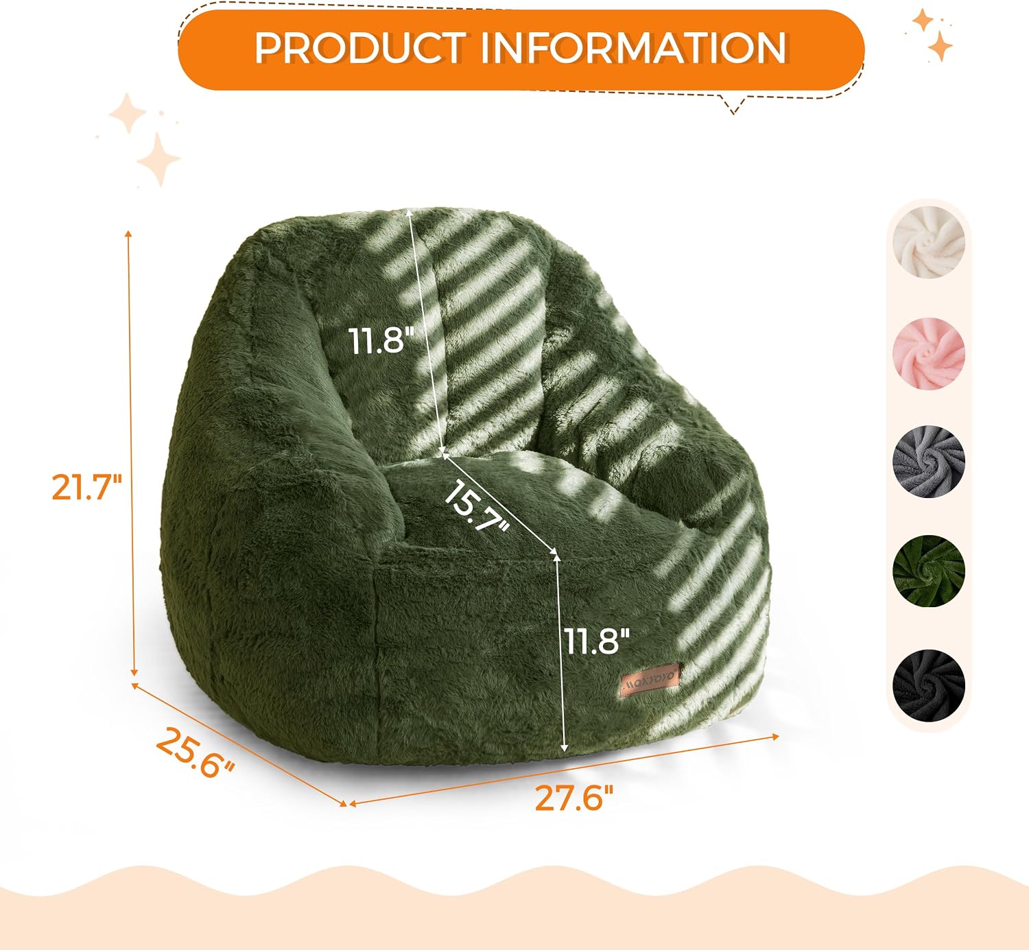 MAXYOYO Kids Bean Bag Chair, Comfy Bean Bag Sofa with Back Support, Faux Fur Cute Chair for Boys and Girls, Stuffed Floor Sofa for Nursery, Bedroom, Green