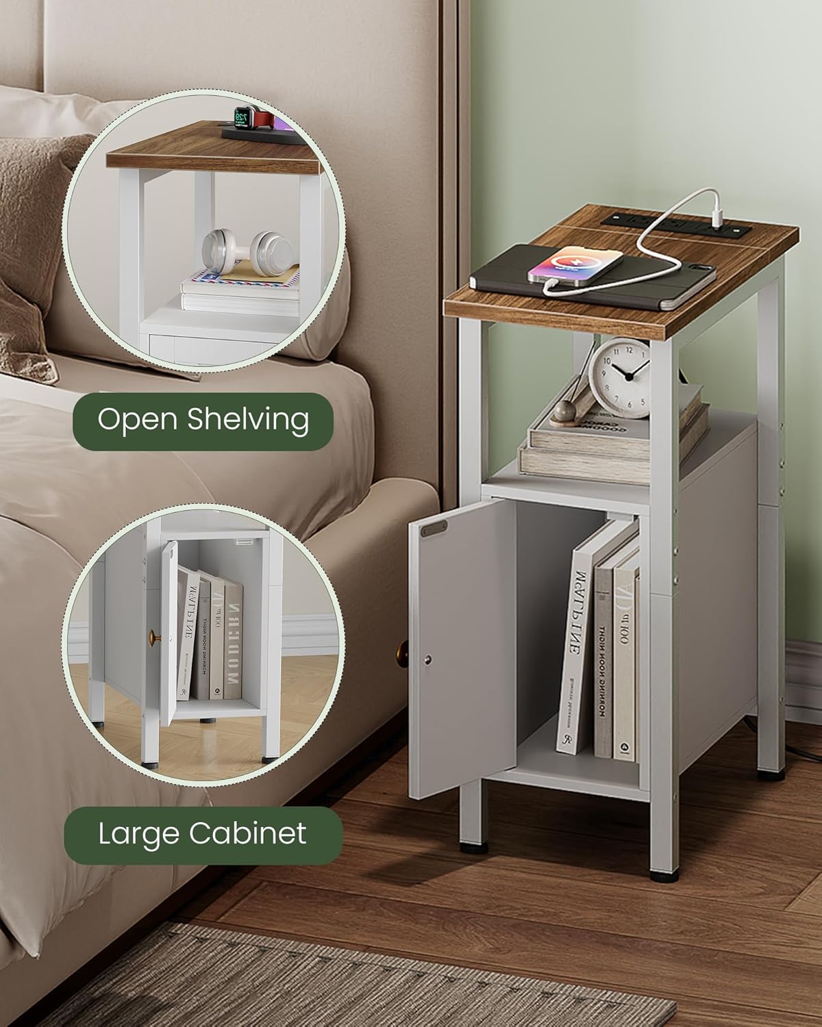 CHOEZON Farmhouse End Table and Narrow Side Table for Small Spaces Bundle, Slim Nightstand with Charging Station, Skinny Nightstand with Drawer, Bedside Table for Bedroom, Living Room TBZ08UWL-MBZ11WB