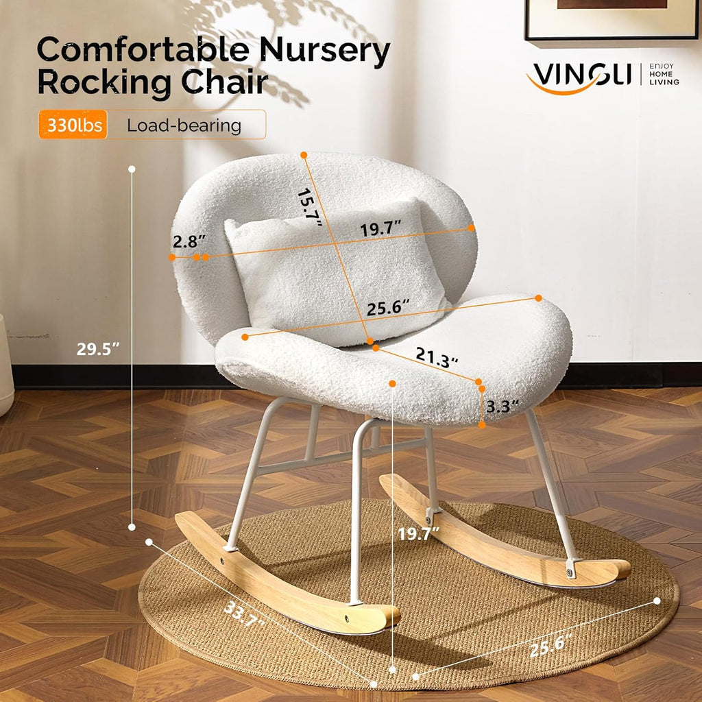 VINGLI 25.6" Extra Wide Criss Cross Nursery Rocking Chair,Cute Curved 115° Reclining Armless Glider,Teddy Small Rocker w/Pillow & Solid Wood for Indoor,Bedroom, Living Room,Teddy Fleece,White