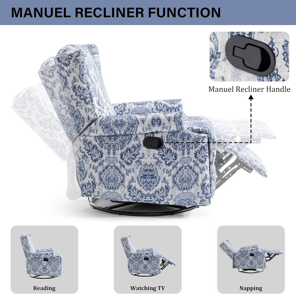 Swivel Rocker Recliner Chair Set of 1, Manual Nursery Glider Recliner, Floral Fabric Wingback Accent Chair with Adjustable Backrest & Footrest for Small Spaces Living Room Bedroom -Navy Blue