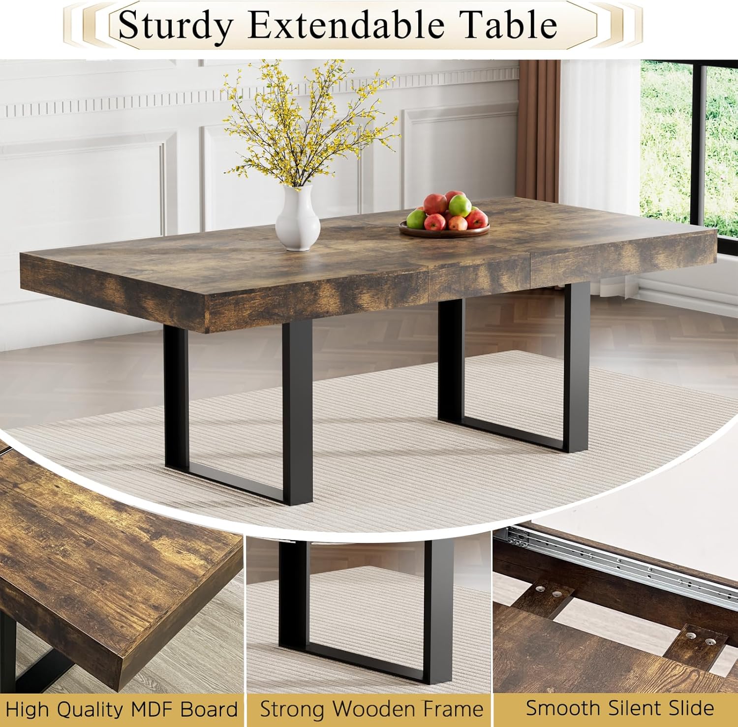 7-Piece Extendable Dining Table Set for 6, 63-78 Inch Rustic Brown Kitchen Table Set with 6 Black Tufted Chairs Farmhouse Wood Expandable Dining Room Table Set 6 for Kitchen Dining