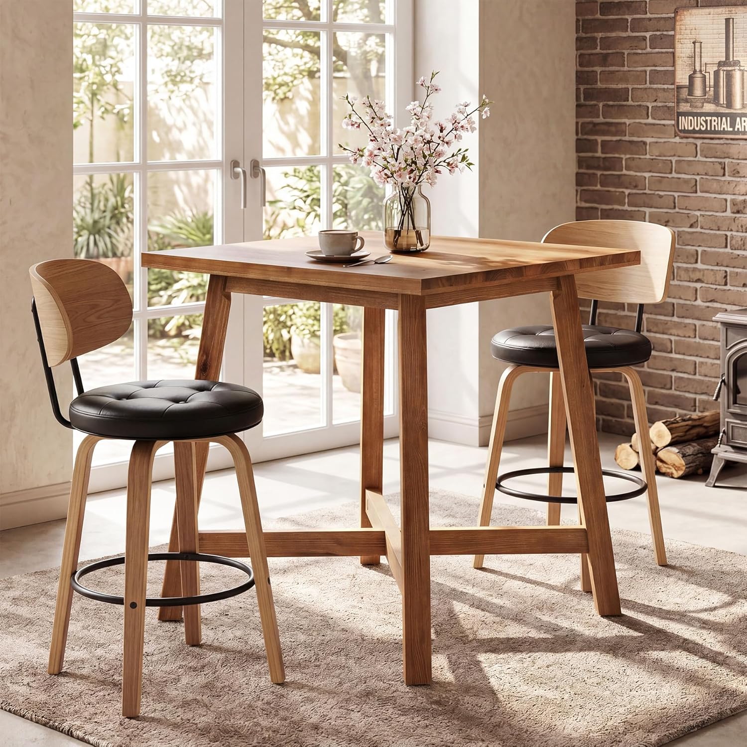 Solid Wood Bar Table, 31.5" Square Counter Height Pub Bistro Table with Footrest for Kitchen Dining Room, Farmhouse Small High Top Cocktail Furniture for Apartment Cafe, Brown