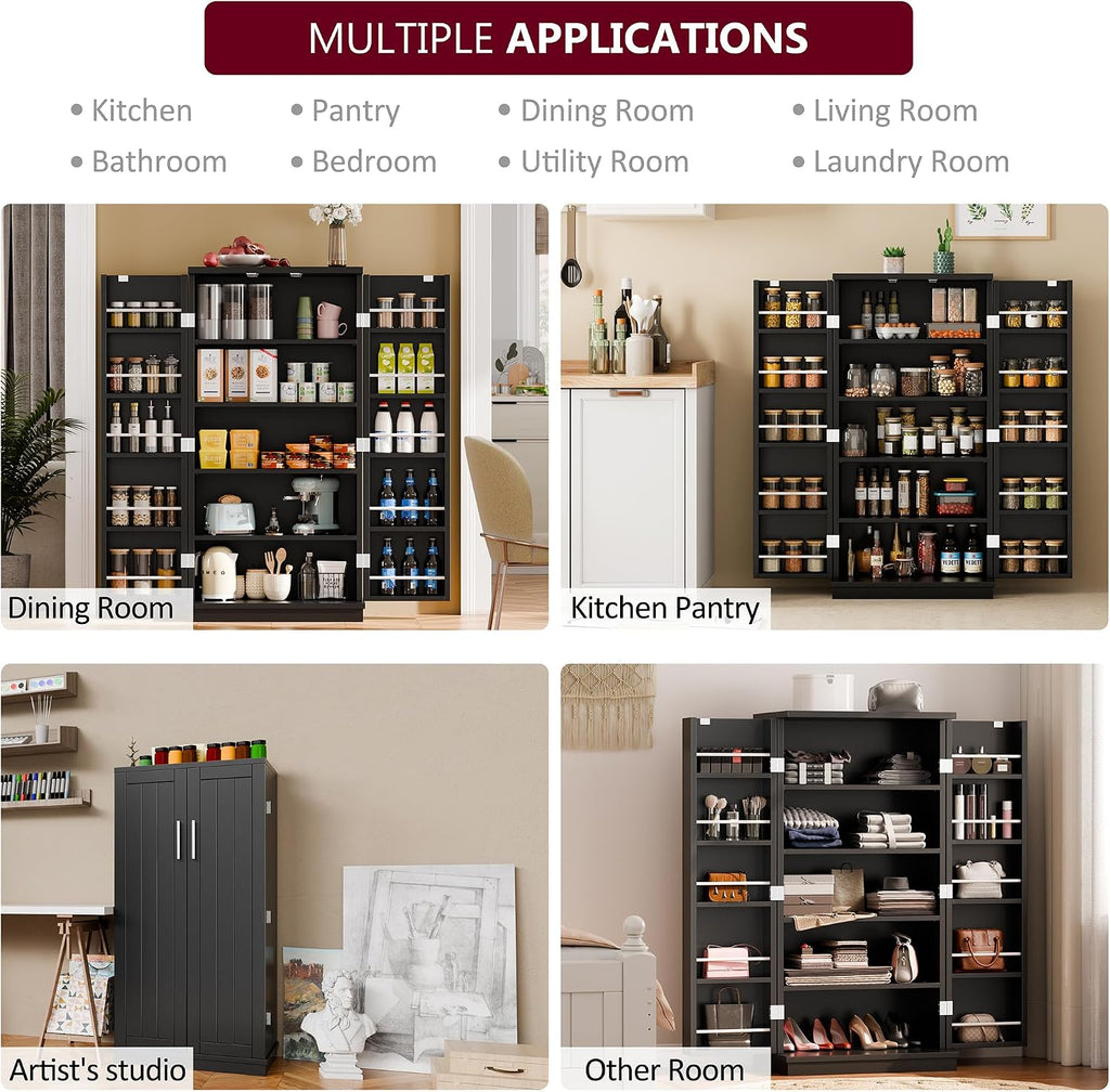 Kitchen Pantry Cabinet Food Storage Cabinets with Door and Adjustable Shelves Freestanding Pantry Cabinet with Anti-Tip Kit for Small Space for Kitchen Dining Room Black